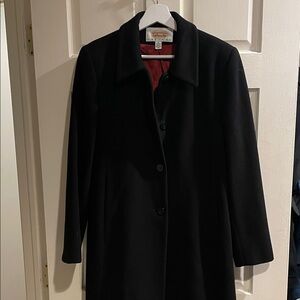 Talbots long black wool and cashmere blend coat. Sz 8 petite, Mid thigh length